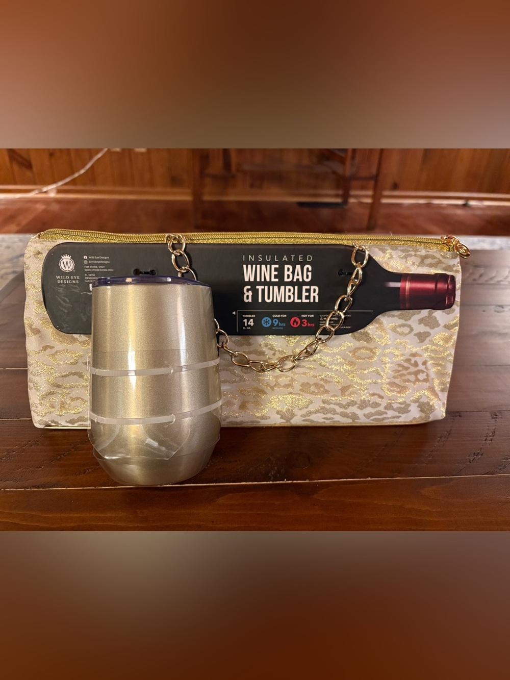 Insulated Wine Bag & Tumbler Set - Gold and Cream leopard print, wine purse